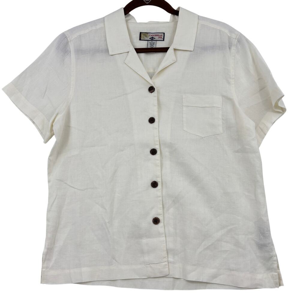 Caribbean Joe Blouse Top Womens Size L‎ White Linen Button Up Short Sleeve
